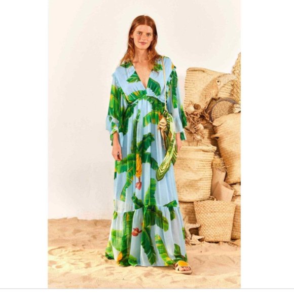 Farm Rio Fresh Bananas Butterfly-Sleeve Maxi Dress - Picture 1 of 14